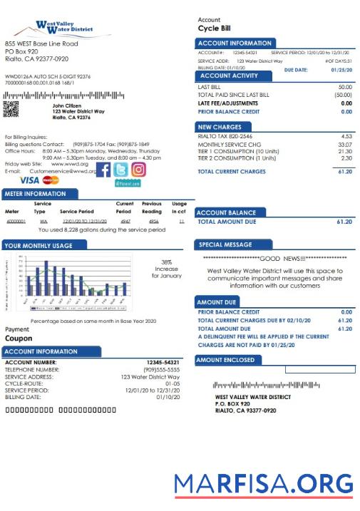 Blank USA California West Valley Water District utility bill template in Word and PDF format
